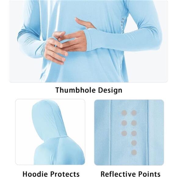Men's UPF 50+ Hoodie Shirts Long Sleeve Sun Protection Fishing Swim - Picture 4 of 6